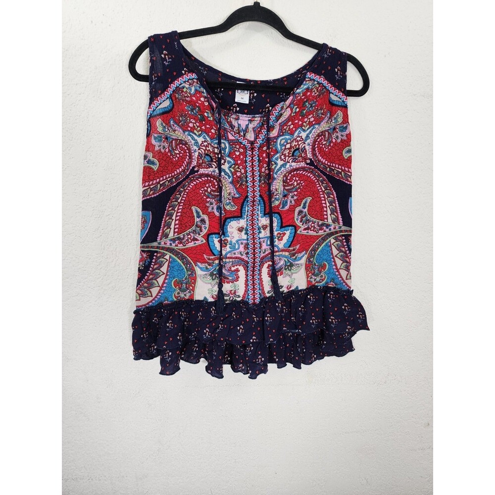 Bila Womens Sleeveless Top M Rayon Multicolor Paisley Boho Tassel Ruffle